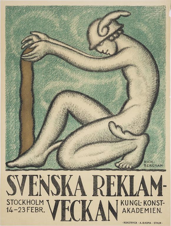 Richard Bergman, litografisk affisch, "Svenska Reklamveckan", Rokotryck, A.-B. Kopia, Stockholm, omkring 1920.