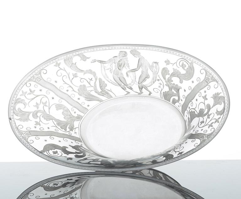 Simon Gate, an engraved glass bowl and stand, Orrefors, Sweden  1924, model 147.