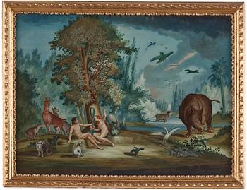 919. Glass painting, England, 18th century. "The Garden of Eden".
