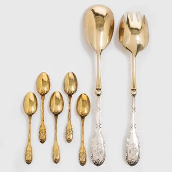 A pair of silver salad cutlery and five coffee spoons, mark of Georges Fouquet-Lapar, France (active 1897-1925).