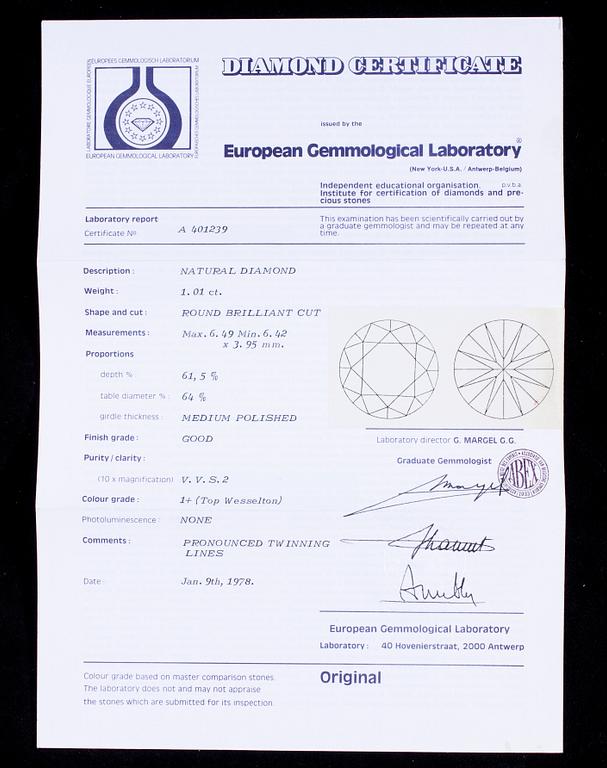 DIAMANT, briljantslipad 1,01 ct E-F (TW) / VVS2.