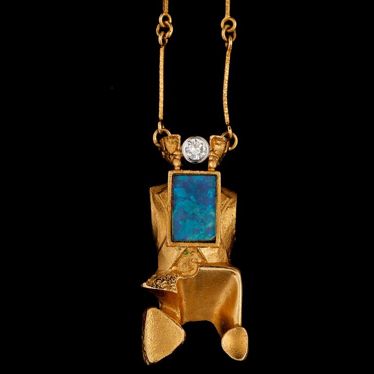 COLLIER, 18k guld med briljantslipad diamant ca 0.10 ct samt opal, Björn Weckström, Lapponia, Finland, 1977. Vikt 9 g.