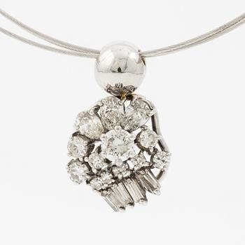 Necklace with drop, baguette, and brilliant-cut diamonds.