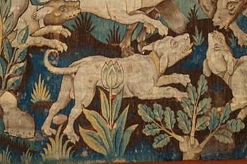 A tapestry, "Wolf hunting", tapestry weave, ca 250,5 x 240,5 cm, Flanders first half of the 17th century or older.