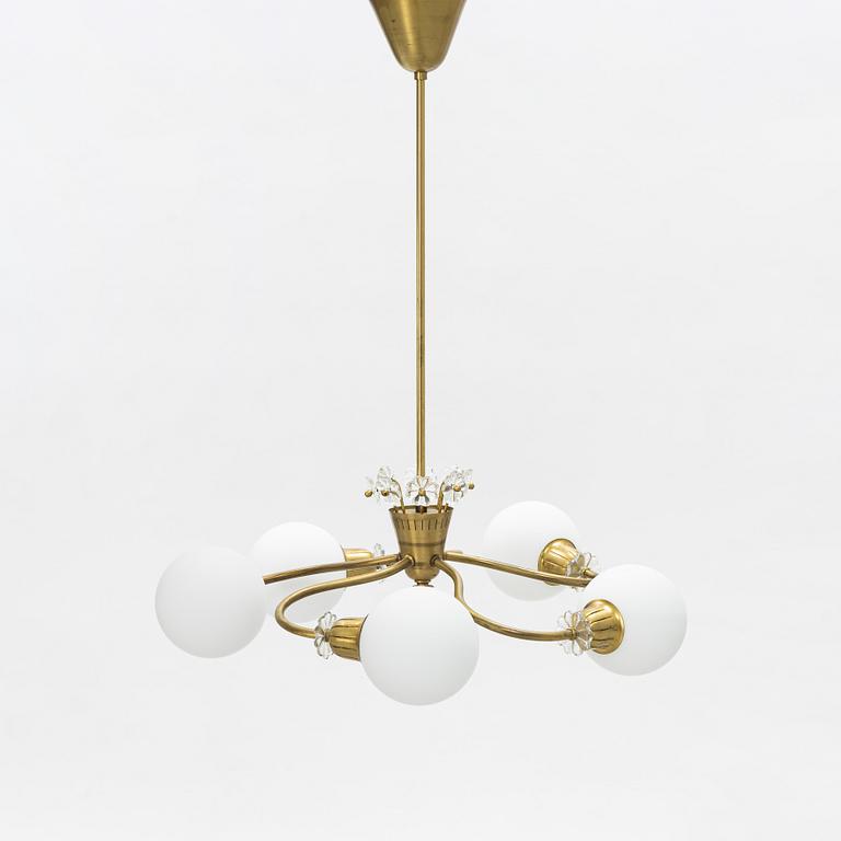 A brass and glass ceiling light, mid 20th Century.
