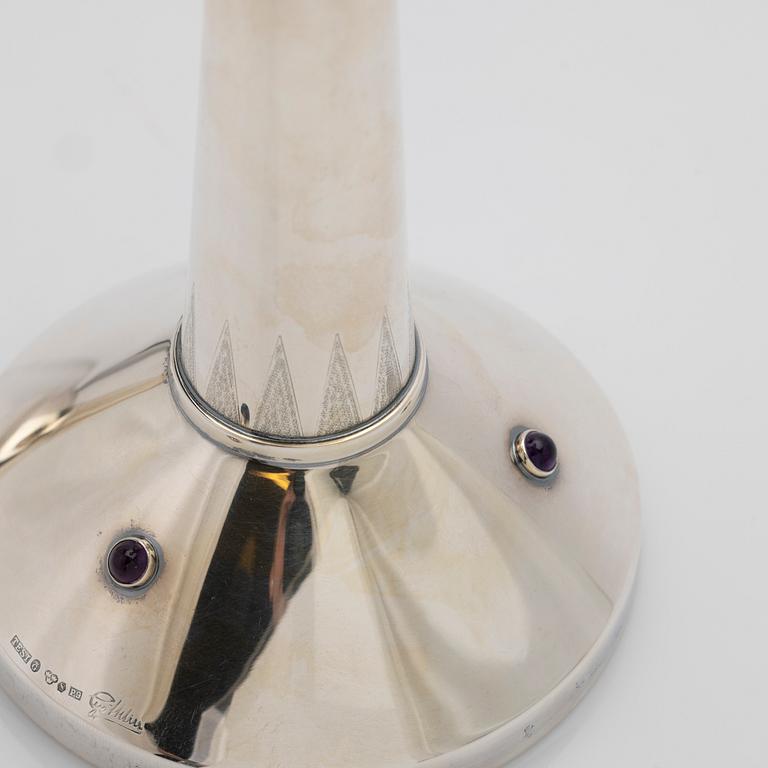 Tage Göthlin, candlesticks, a pair, silver with amethysts, Tesi, Gothenburg, 1965.