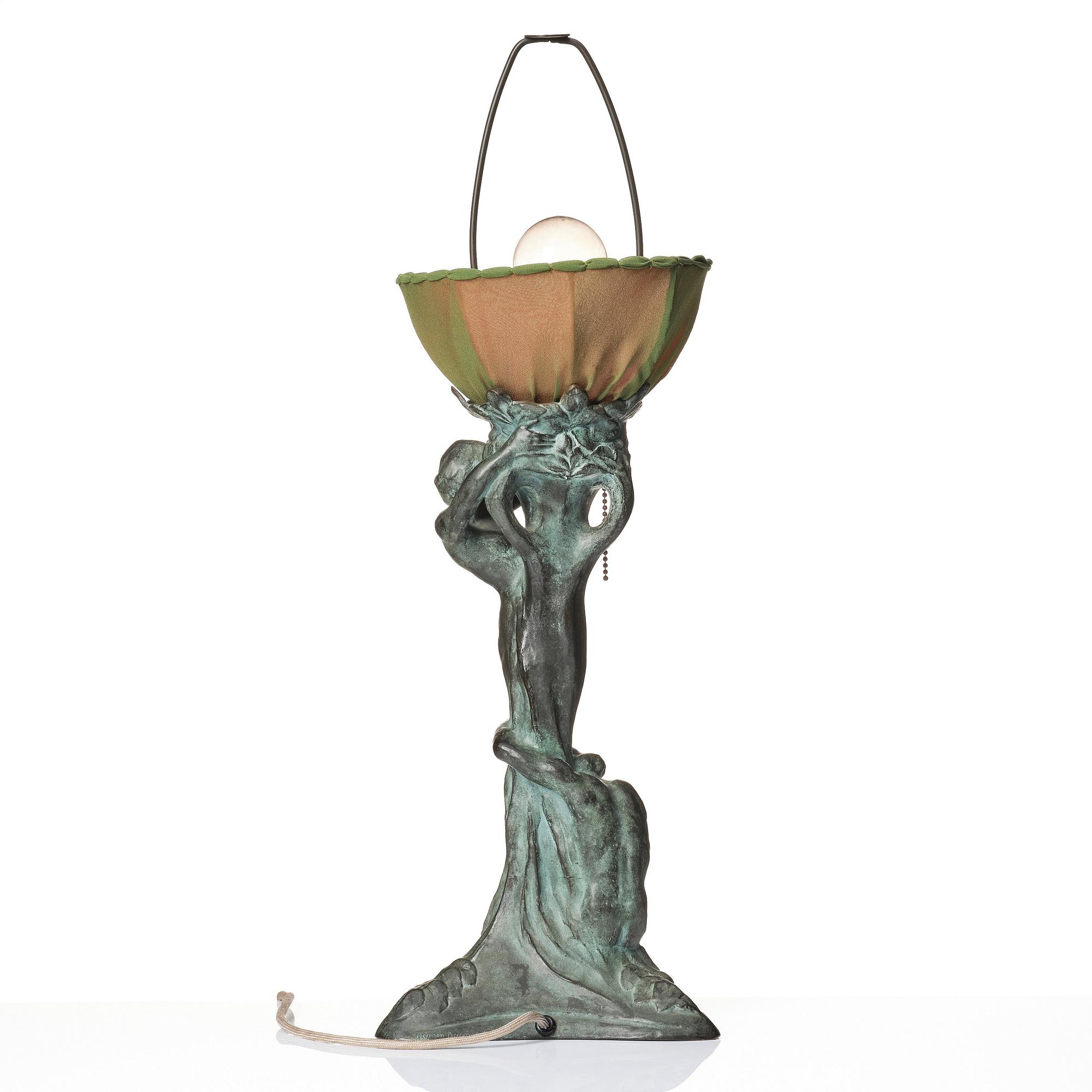 Alice Nordin, an Art Nouveau patinated bronze table lamp "Night and Morning", Herman Bergman's foundry, Stockholm, early 1900s.