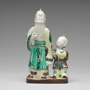 793. A famille verte bisquit figure of Laozi and a servant, Qing dynasty, 18th Century.