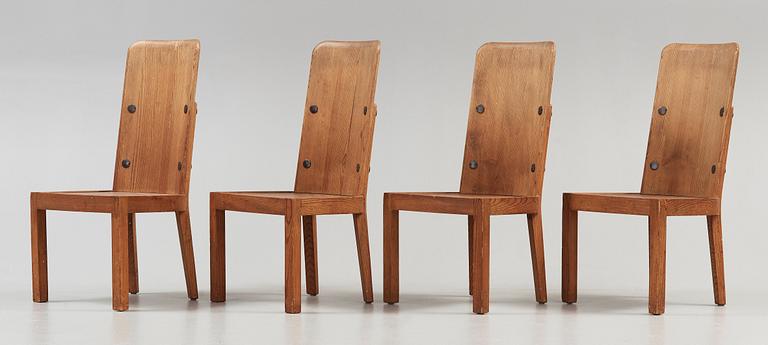 A set of four Axel Einar Hjorth 'Lovö' stained pine chairs, Nordiska Kompaniet, Sweden 1930's.