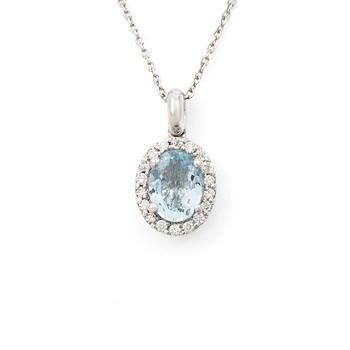 Pendant with chain in 18K white gold set with a faceted aquamarine and round brilliant-cut diamonds.