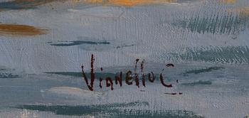 C Vianello, 18/1900-tal,  Vy från Venedig över Canal Grande och Ponte Rialto.