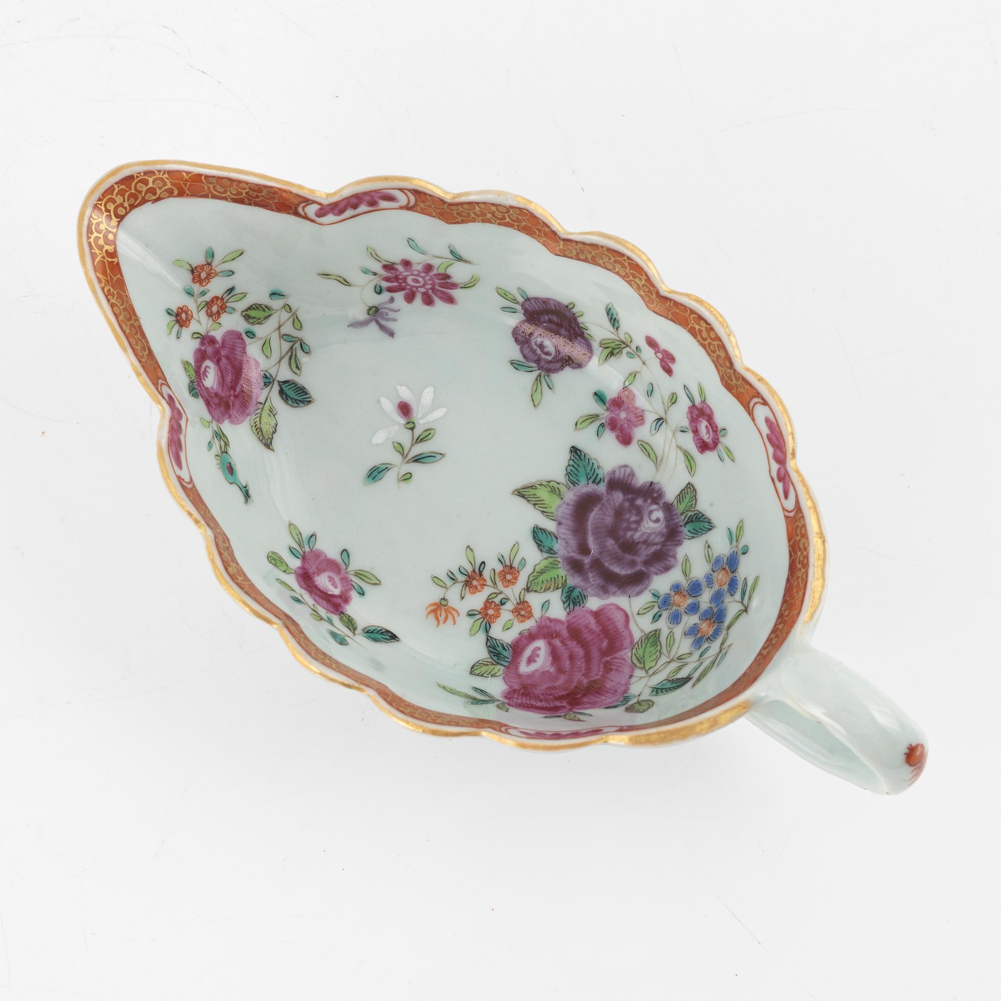 A famille rose dish, sauce boat and bowl, Qing dynasty, 18th Century.