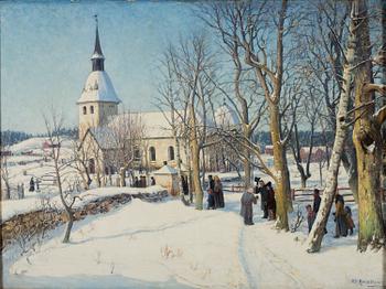 An Otto Hesselbom oil painting depicting Spånga Church.