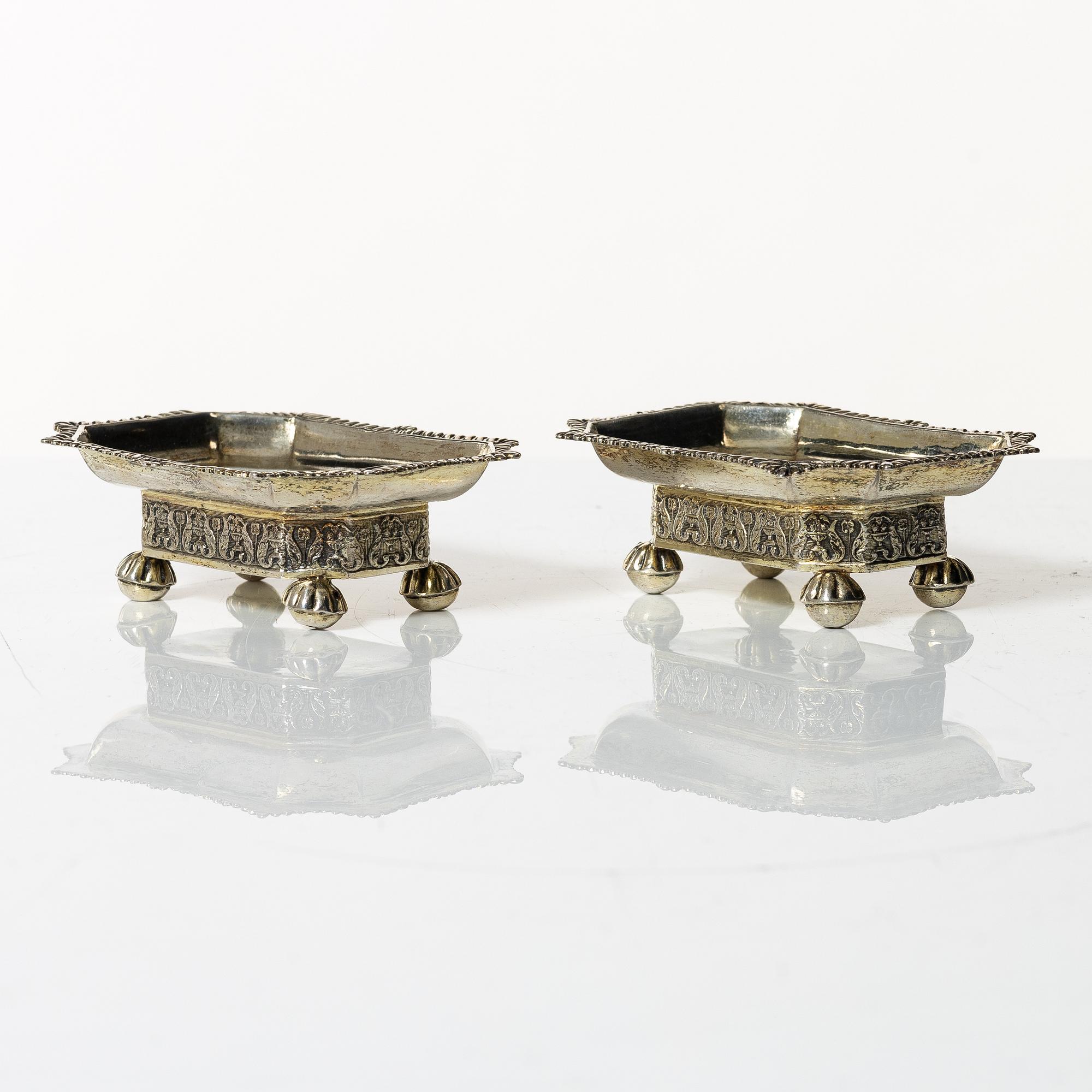 A pair of empire silver salt cellars, 1837.