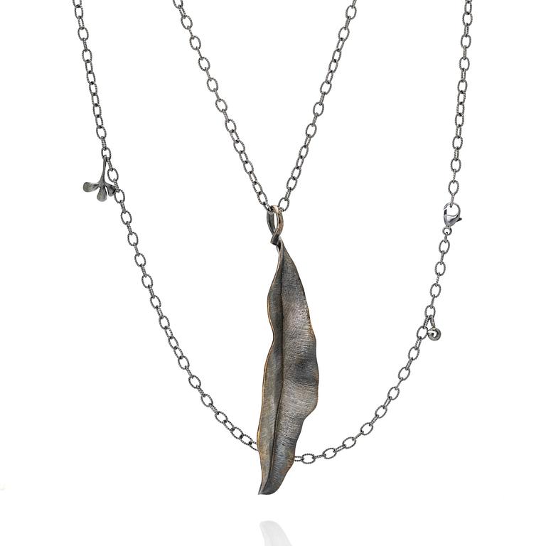 Ole Lynggaard, Chain with pendant, oxidised silver with leaf-shaped pendants, designed by Charlotte Lynggaard.