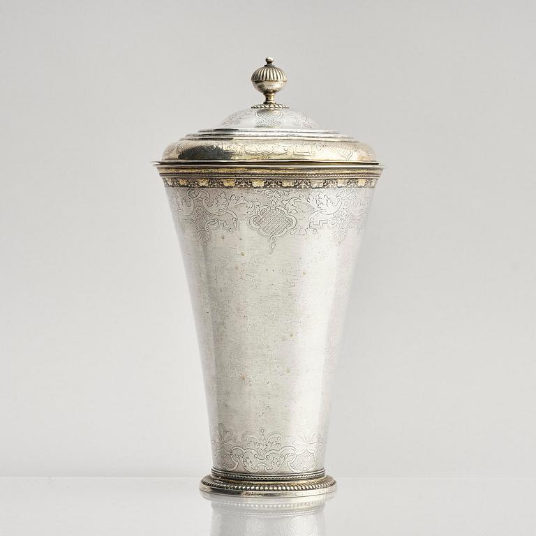 A Swedish late Baroque parcel-gilt silver beaker pl and cover, mark of Anders Limnell, Linköping 1740.