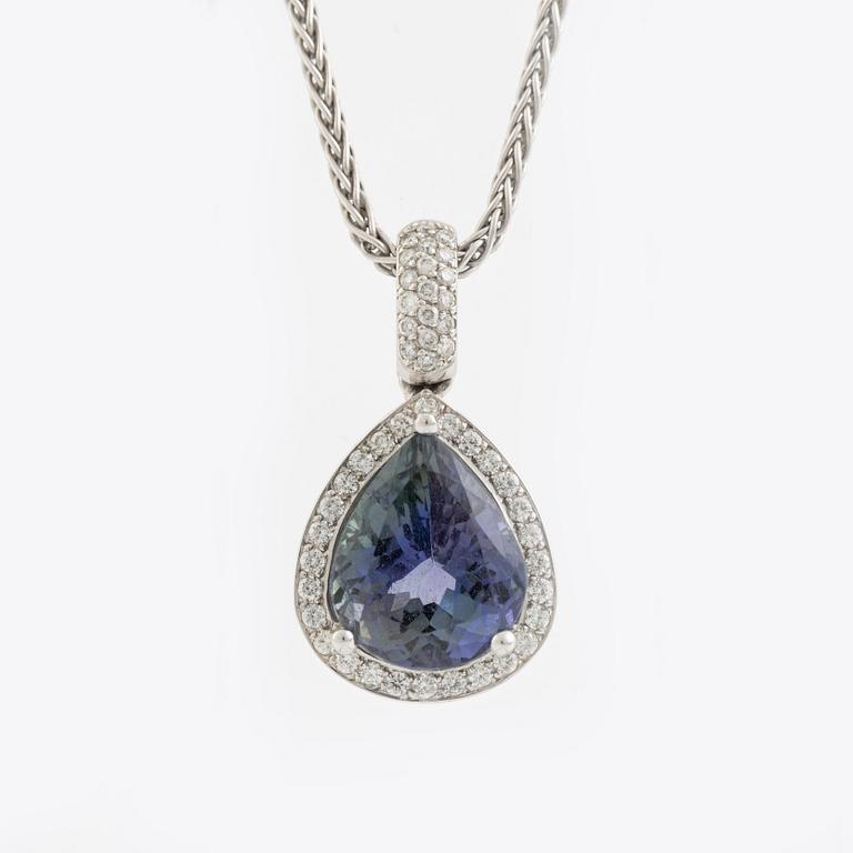 Pear shaped tanzanite and brilliant cut diamond necklace, with GIA report.