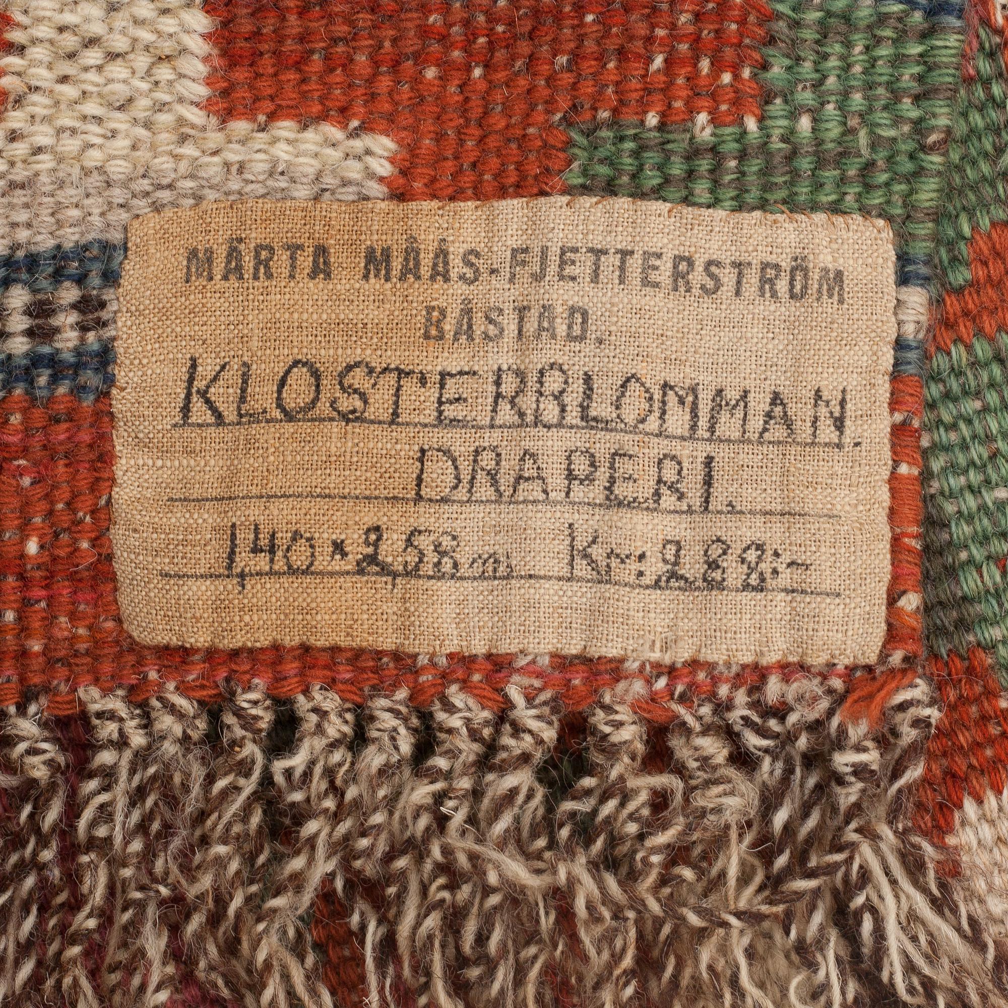 MÄRTA MÅÅS-FJETTERSTRÖM, DRAPERI, "Klosterblomman", rölakan, ca 258 x 139 cm, signerat MMF.