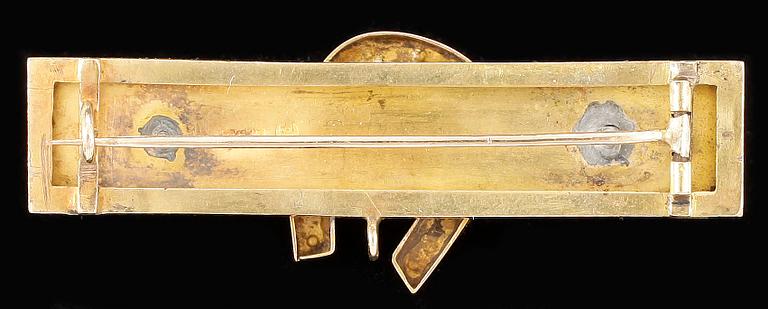 BROSCH, guld 14K, turkoser, pärla, något otydlig stadsstämpel, troligen St Petersburg, sent 1800-tal. Vikt ca 8 gram.