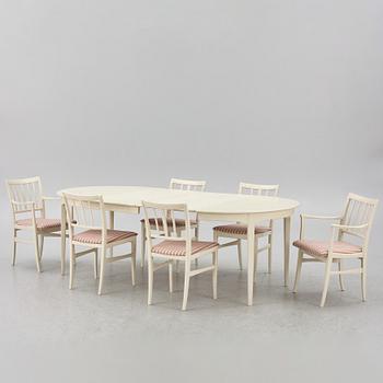 Carl Malmsten, dining table, 2 armchairs, 4 chairs, "Talavid", Waggeryd's Furniture Factory, second half of the 20th century.