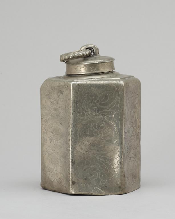 A pewter bottle. Unidentified marks.