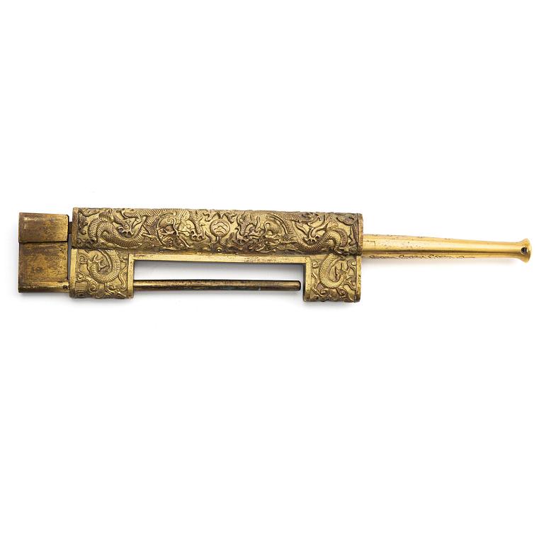 A Chinese gilt five-clawed 'dragon' lock, Qing dynasty, Qianlong (1736-95).