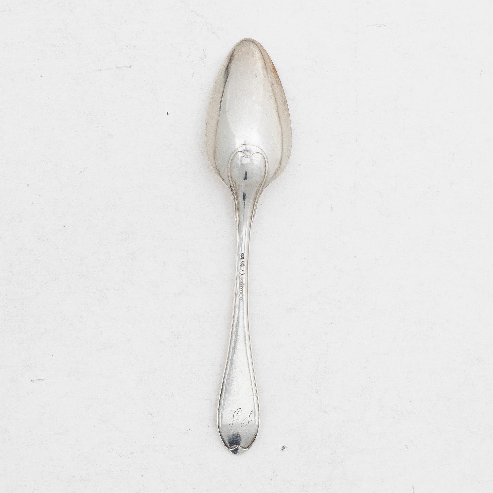 Twelve Swedish silver spoons, mark of Petter Adolf Sjöberg, Stockholm, 1819–1820.