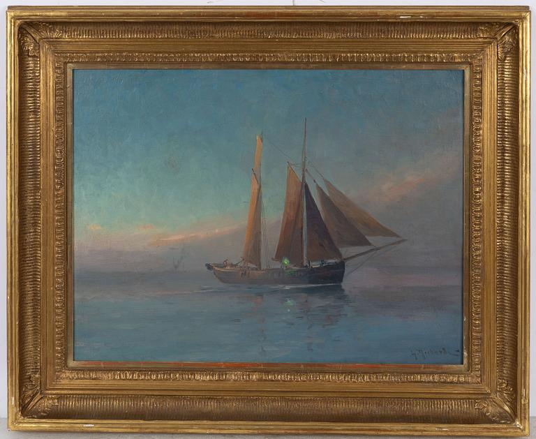 Ludvig Richarde, Two-masted flat-bottomed vessel in haze.