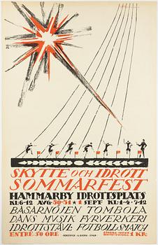 Iwo Brunander, lithographic poster, 'Skytte och Idrott Sommarfest Hammarby Idrottsplats", Rokotryck, A.-B. Kopia, 1918.