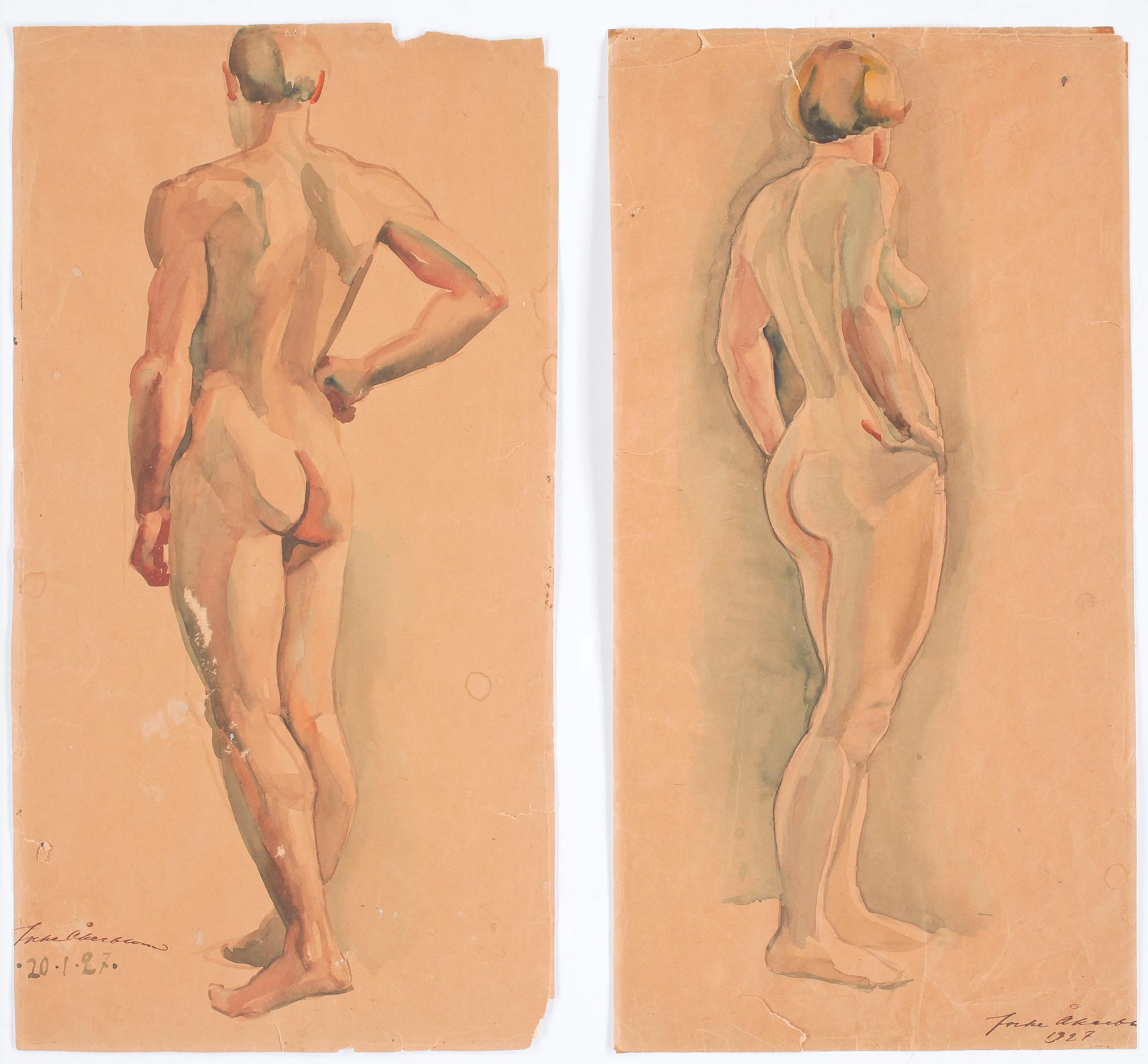 PARTI GRAFIK, 7 st, 1700-tal samt AKVARELLER, 2 st, av Jocke Åkerblom, daterade 1927.