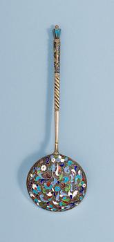 802. A Russian 19th century silver-gilt and enamel spoon, unidentified makers mark, Moscow.