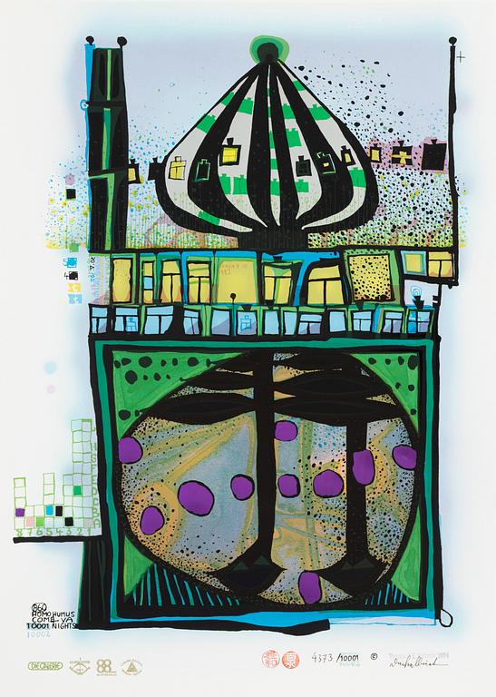 Friedensreich Hundertwasser, fotolitografi och serigrafi med metallprägling, 1984. Signerad och numrerad 4373/10002.