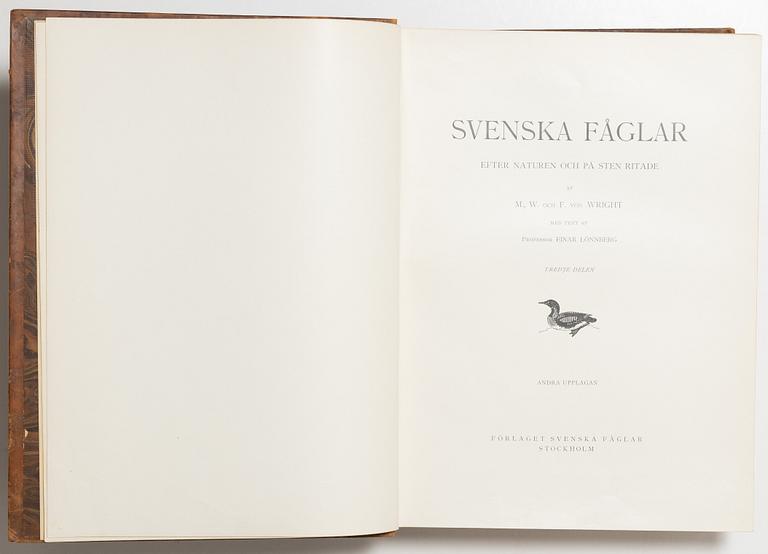 Bröderna von Wright, bokverk, 3 band, "Svenska fåglar", A. Börtzells tryckeri AB, Stockholm, 1927-1929.