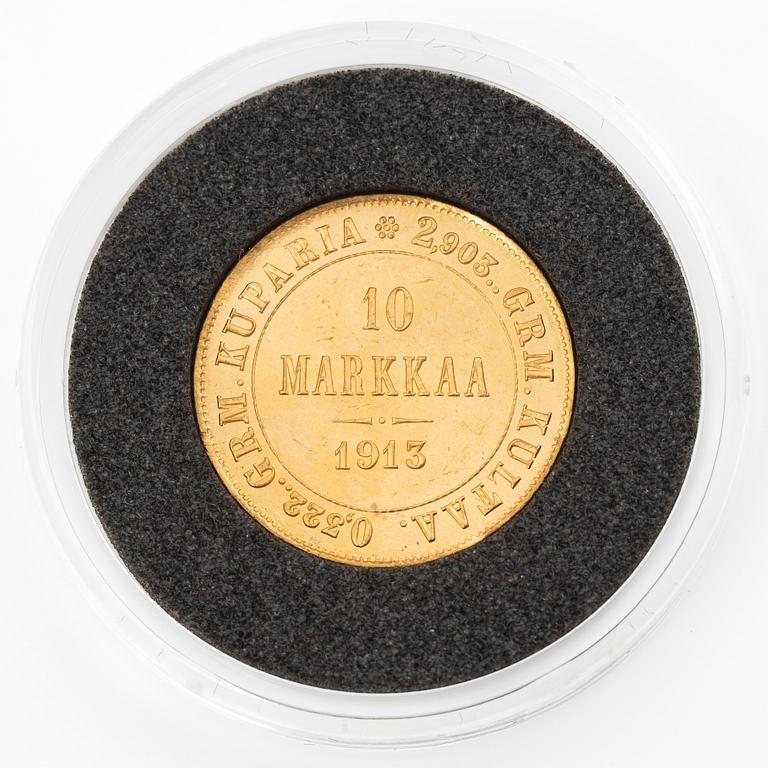 Gold coin, Grand Duchy of Finland, 10 Markka, 1913.