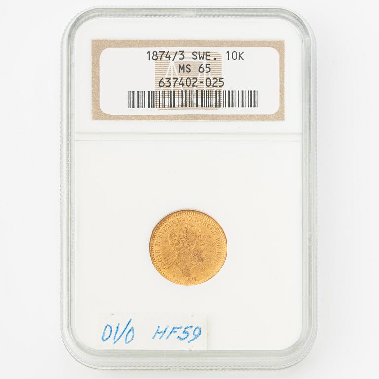 Gold coin, Oscar II, 10 kronor, type I, Sweden 1874/73.