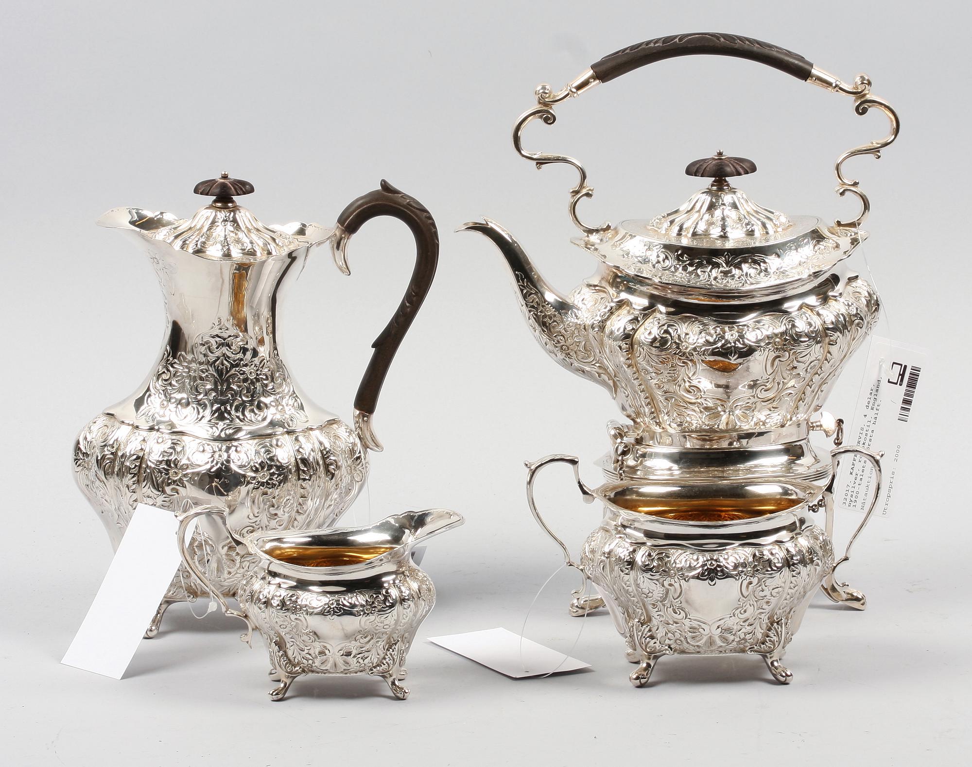KAFFESERVIS, 4 delar, nysilver, rokokostil, England, 1900-talets första hälft.