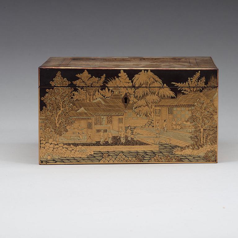 A Canton black lacquer box with cover, Qing dynasty, 19th Century.