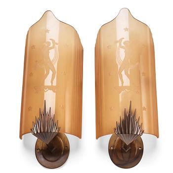 387. Orrefors, Orrefors, a pair of Swedish Grace wall lights, 1920-30s.