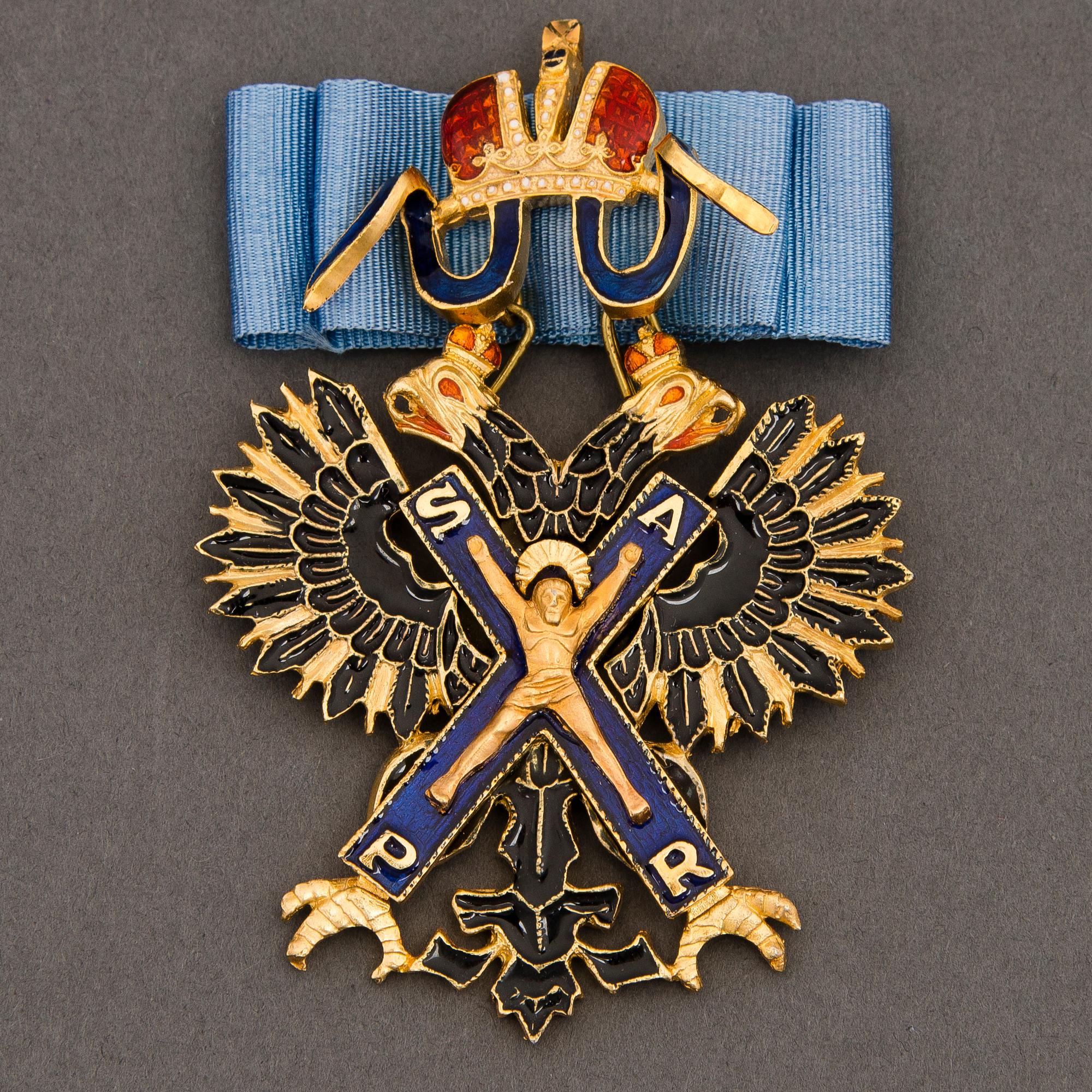 MITALI/RINTAKORU, kopio Venäjän Pyhän Andreaksen ritarikunnan merkistä, kullattua ja emaloitua pronssia, 1900-luvun lopp.