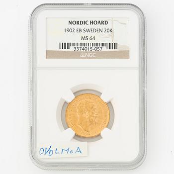 Guldmynt, Oscar II, 20 kronor, typ IV, Sverige 1902.