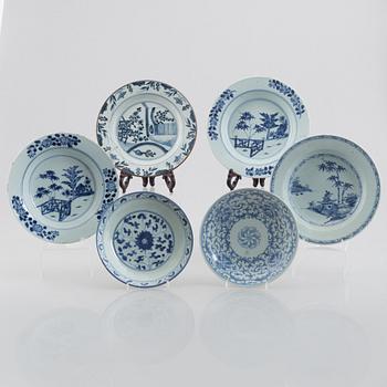 Six blue and white porcelain plates, China, Qing dynasty, 18th-19th century.