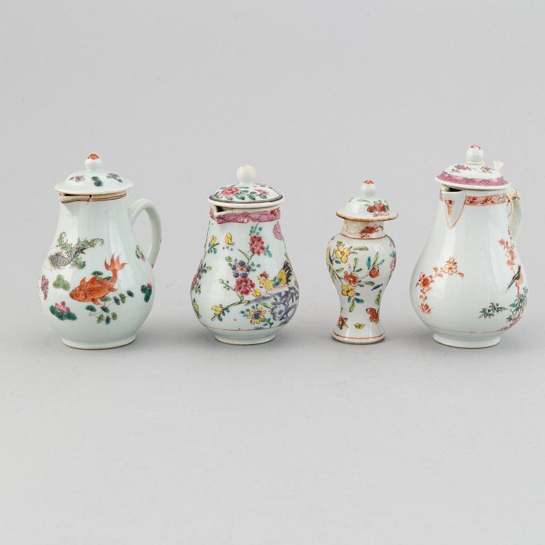 Three famille rose jugs with covers and a vase, Qing dynasty, Qianlong (1736-95).