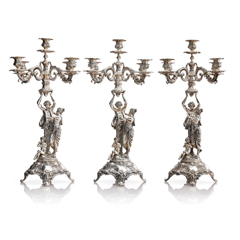 Lale Silverware & Co Ltd, femarmade kandelabrar, tre stycken, sterling silver, Istanbul, Turkiet 1900-tal.