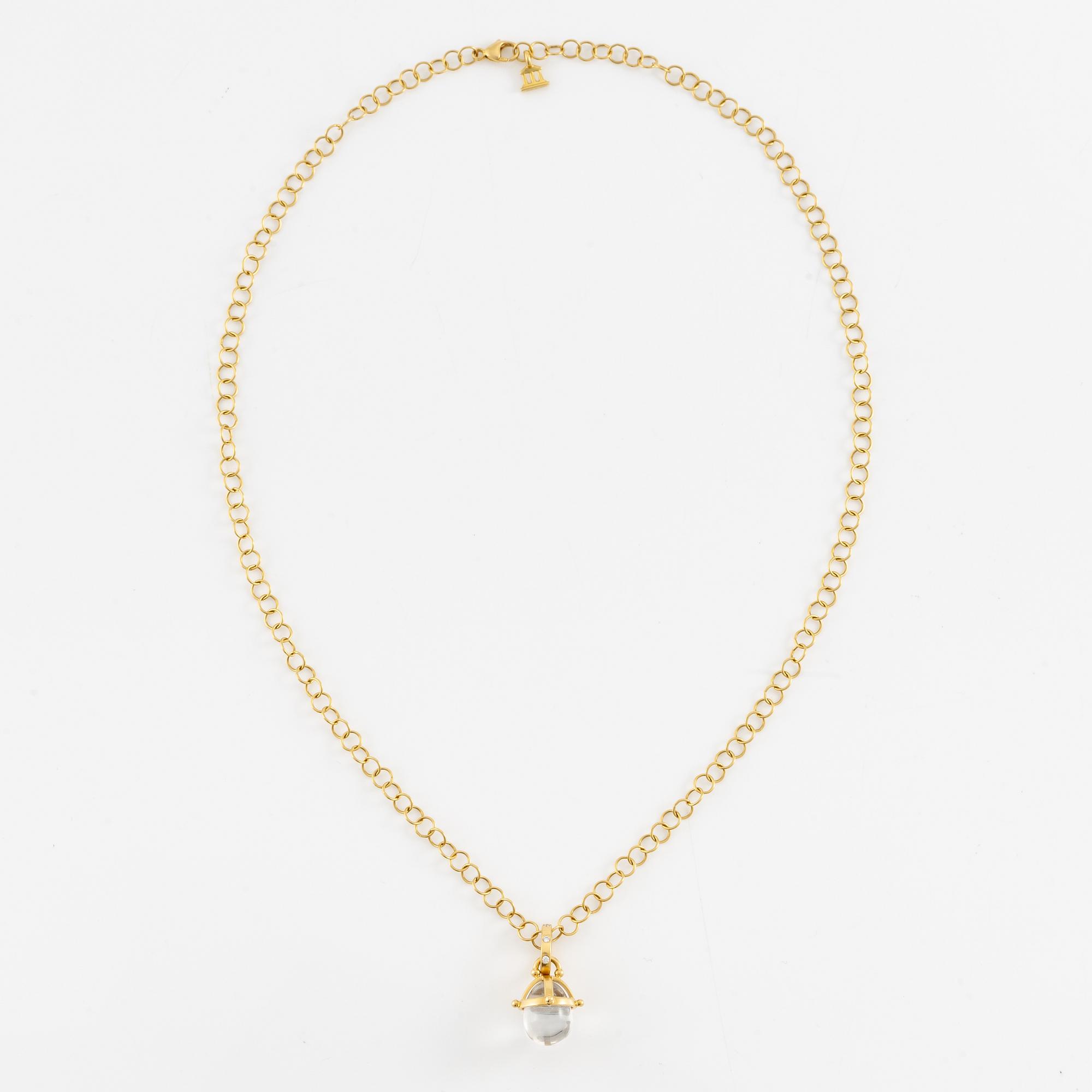 Pendant with chain in 18K gold featuring rock crystal and round brilliant-cut diamonds, Temple St Clair.
