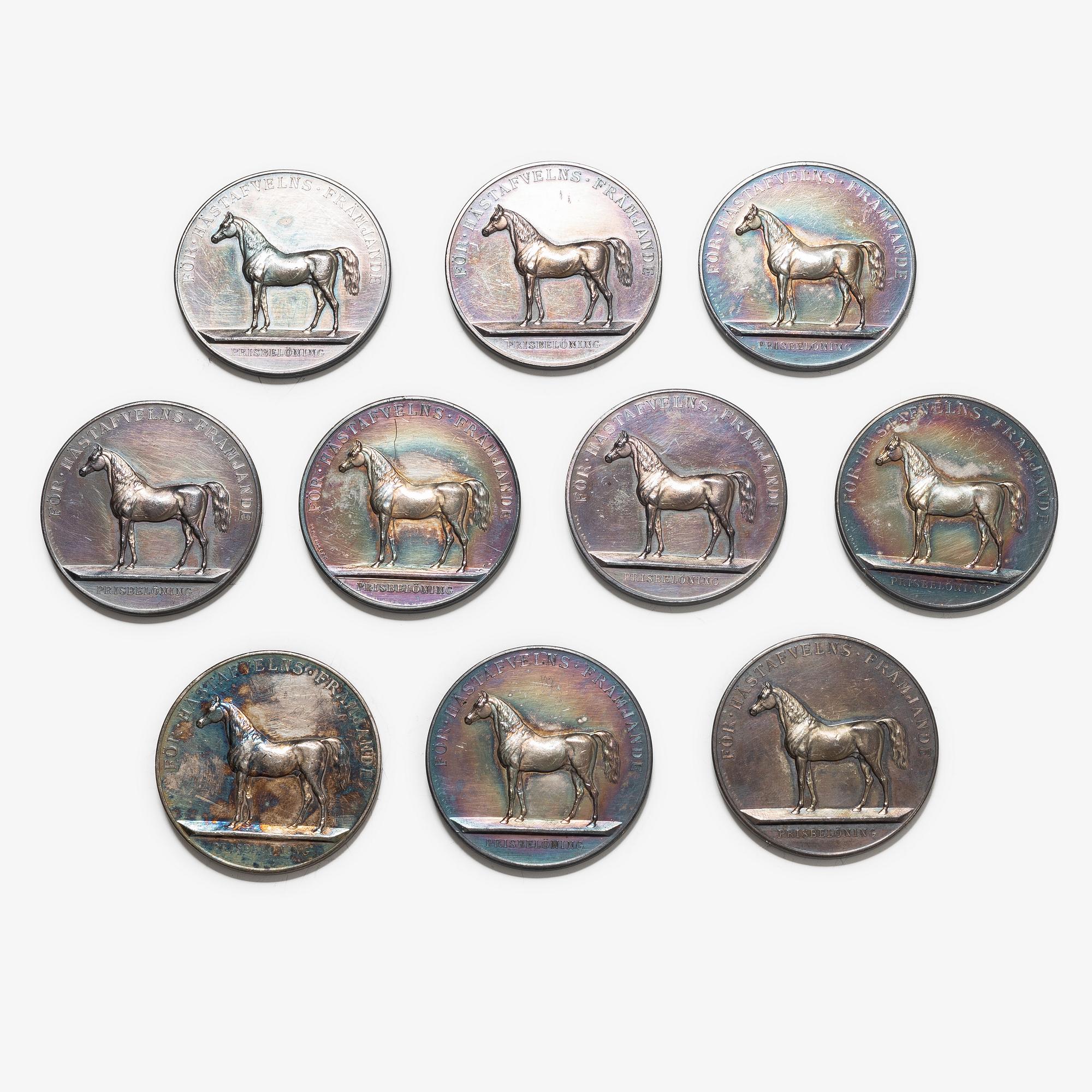 Ten silver medals, Kungliga Myntverket, Sweden, circa 1904.