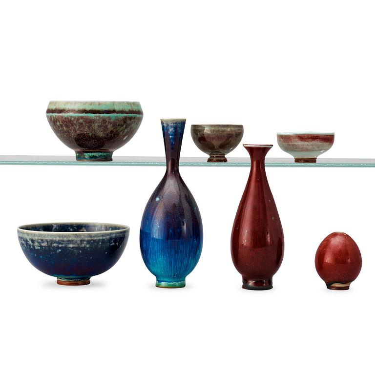 A Berndt Friberg set of 7 miniature vases and bowls, Gustavsberg Studio.