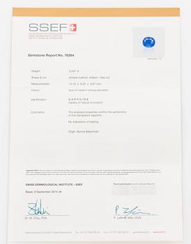 A 3.29 ct Burmese sapphire and brilliant cut diamond ring. Certificate from SSEF.