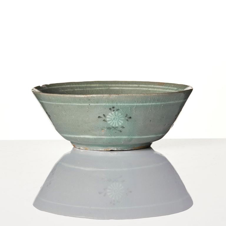 Two inlaid celadon stoneware bowls, Korea, Goryeo dynasty (13th century).