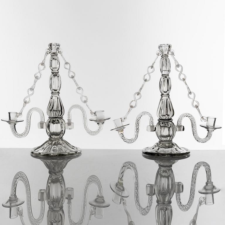 Elis Bergh, a pair of glass candelabra, Strömbergshyttan, 1940's-50's.