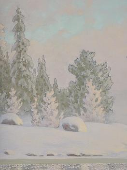 Gustaf Fjaestad, Rime frost over frozen lake in sunlit landscape.